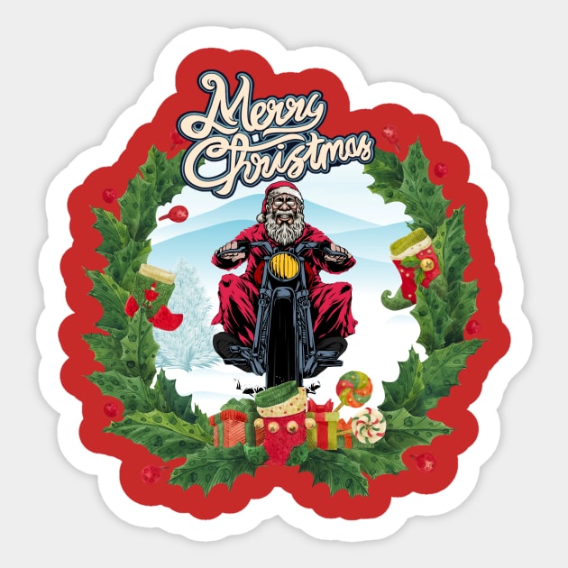 Santa Riding a Motorbike Sticker by Rossla Designs